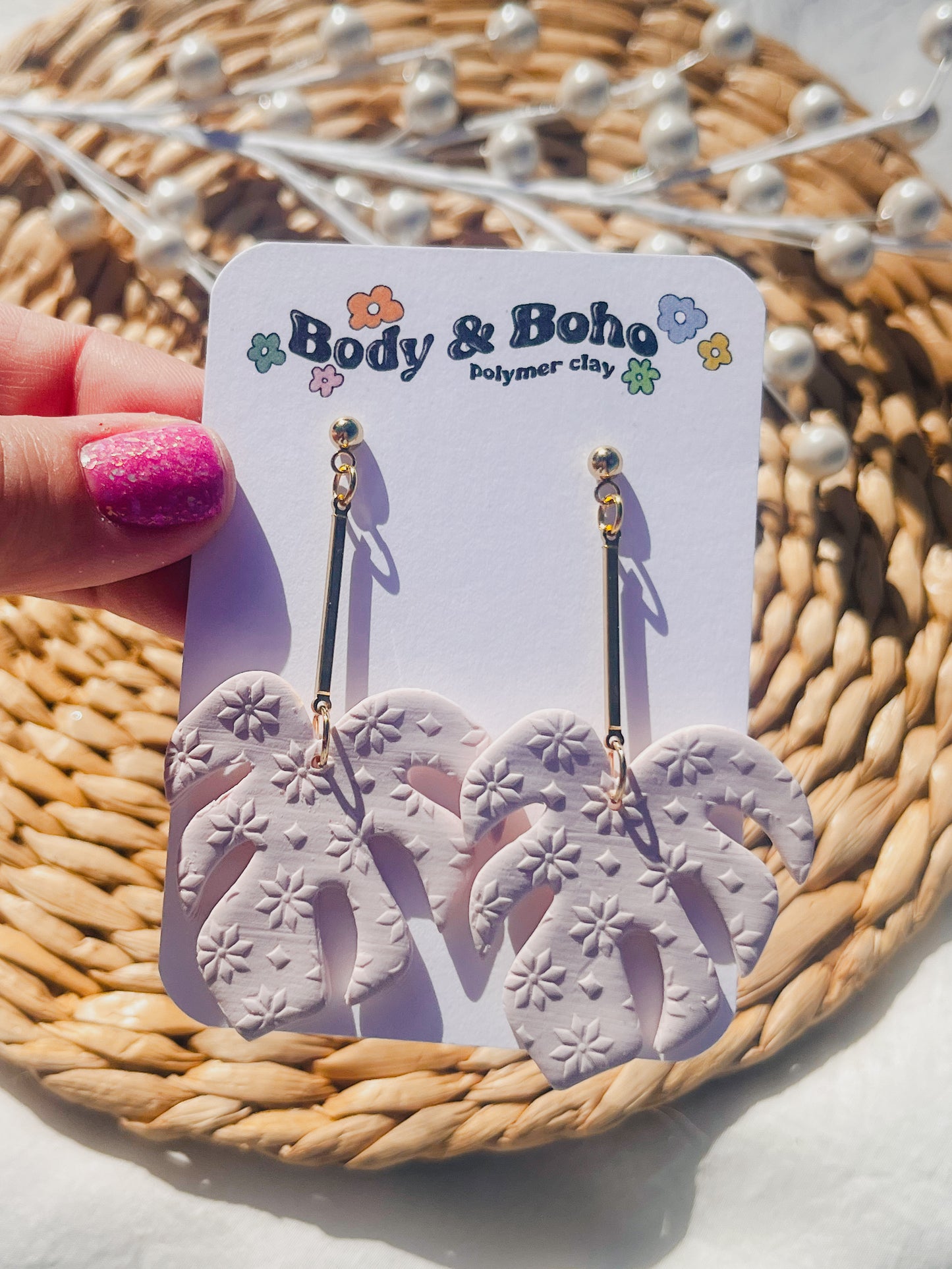 Snowy Pink Monstera Earrings