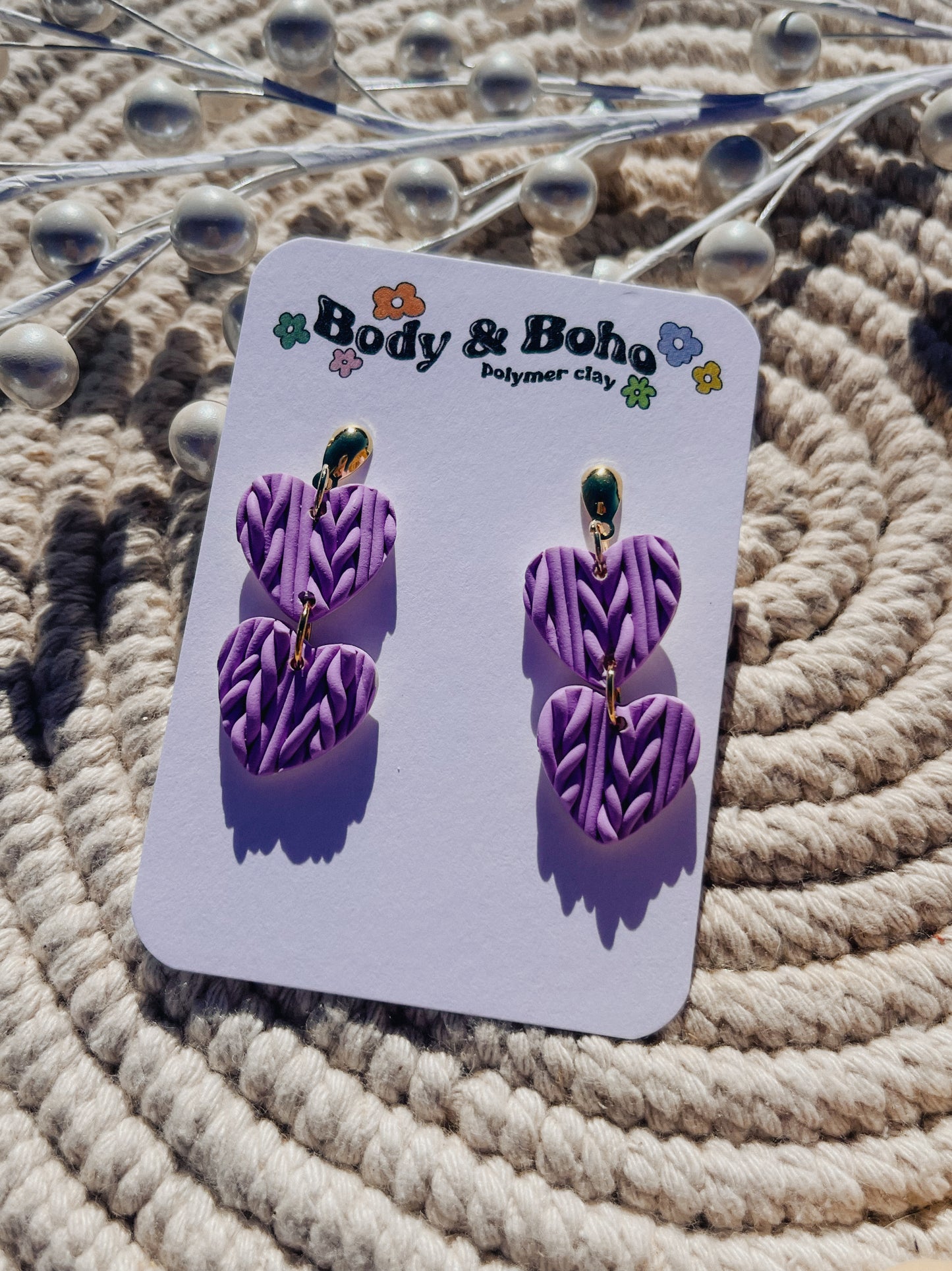 Lavender Heart Knit Earrings