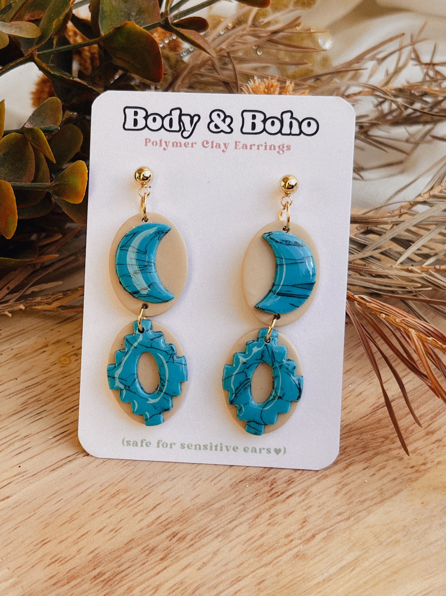 Turquoise Aztec Moon Drop Earrings